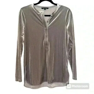 Ralph Lauren Silver Long Sleeve 1/2 Button Velvet Pullover Top Stretch‎ Party SP